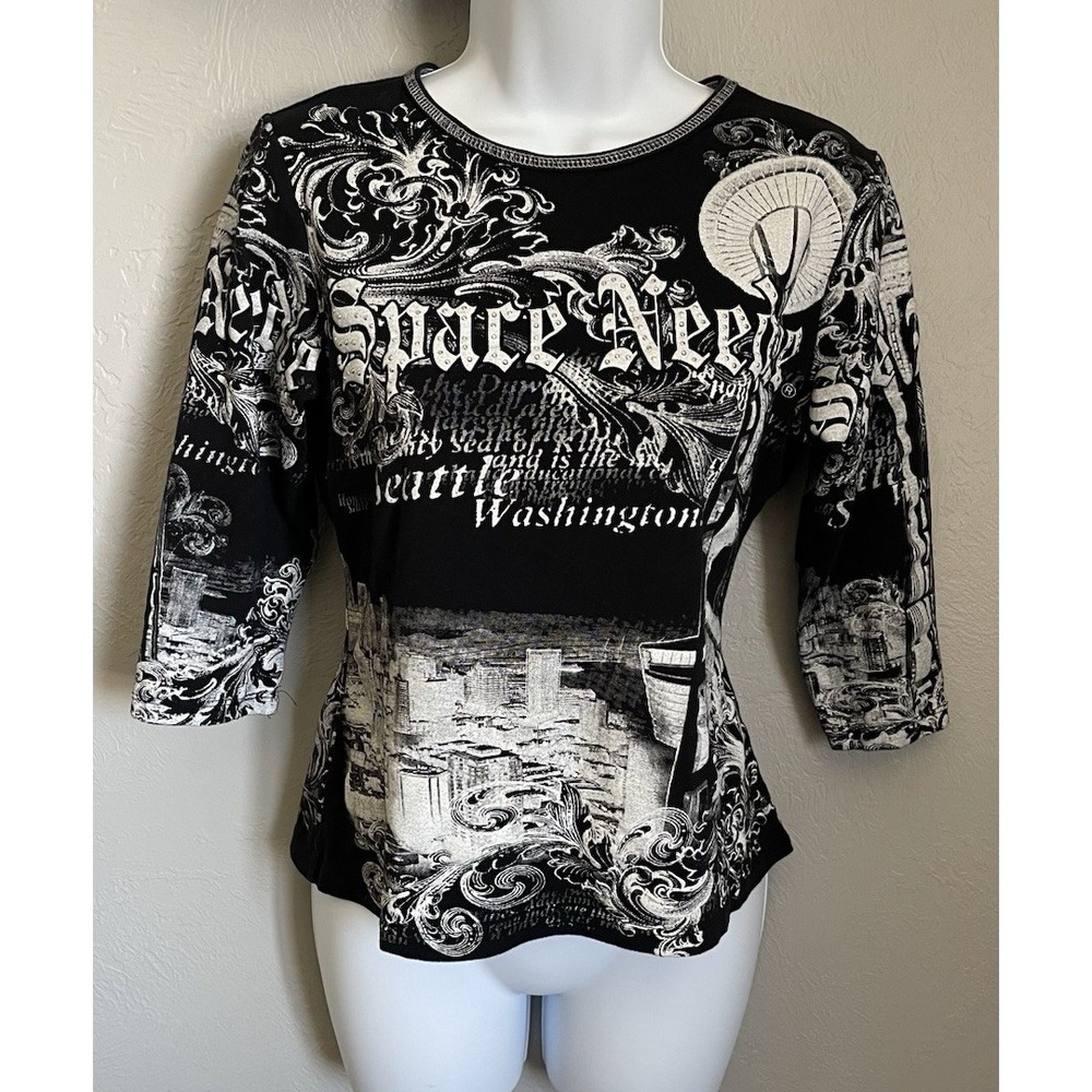 Big Bang Shirt Womens Medium Black White Studded 3/4 Sleeve Too Space Needle
